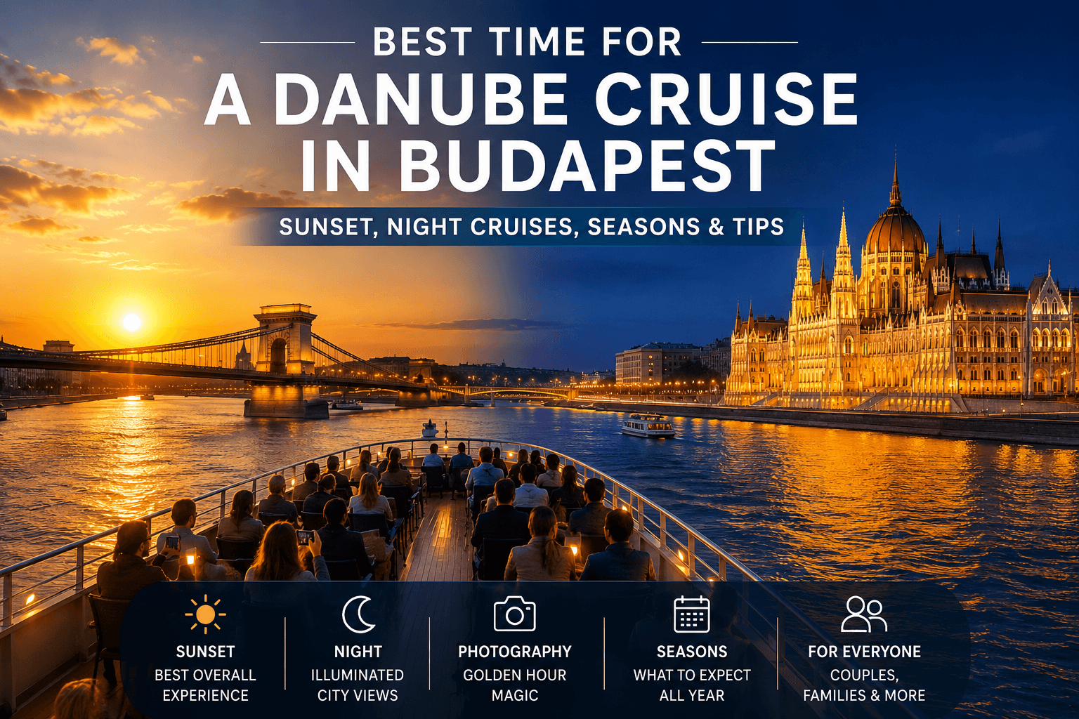 Budapest Danube cruise at sunset with passengers viewing the Hungarian Parliament Building and Chain Bridge as the city lights illuminate.