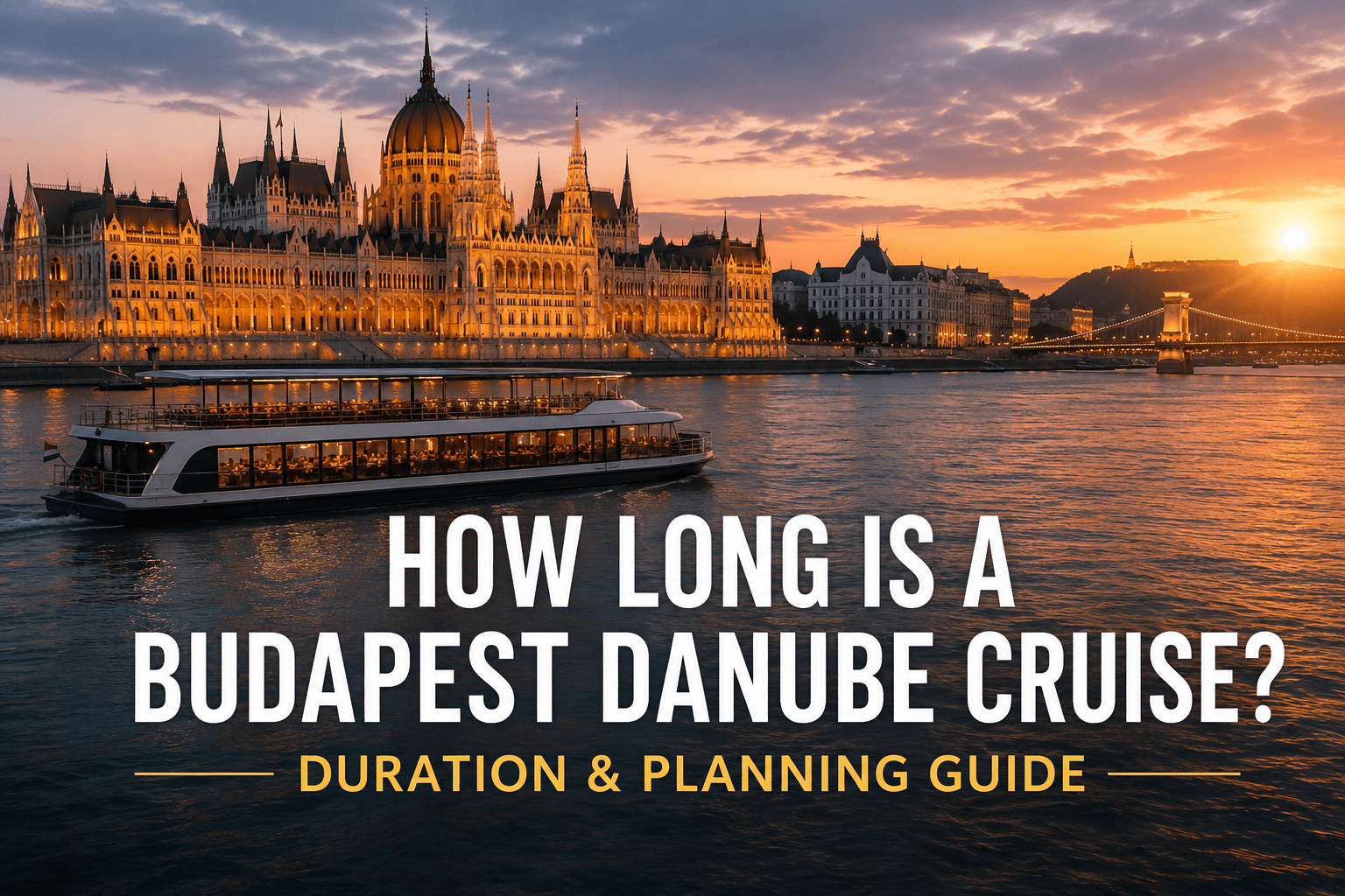 Budapest Danube cruise at sunset with the Hungarian Parliament Building and Chain Bridge, illustrating cruise duration and planning.