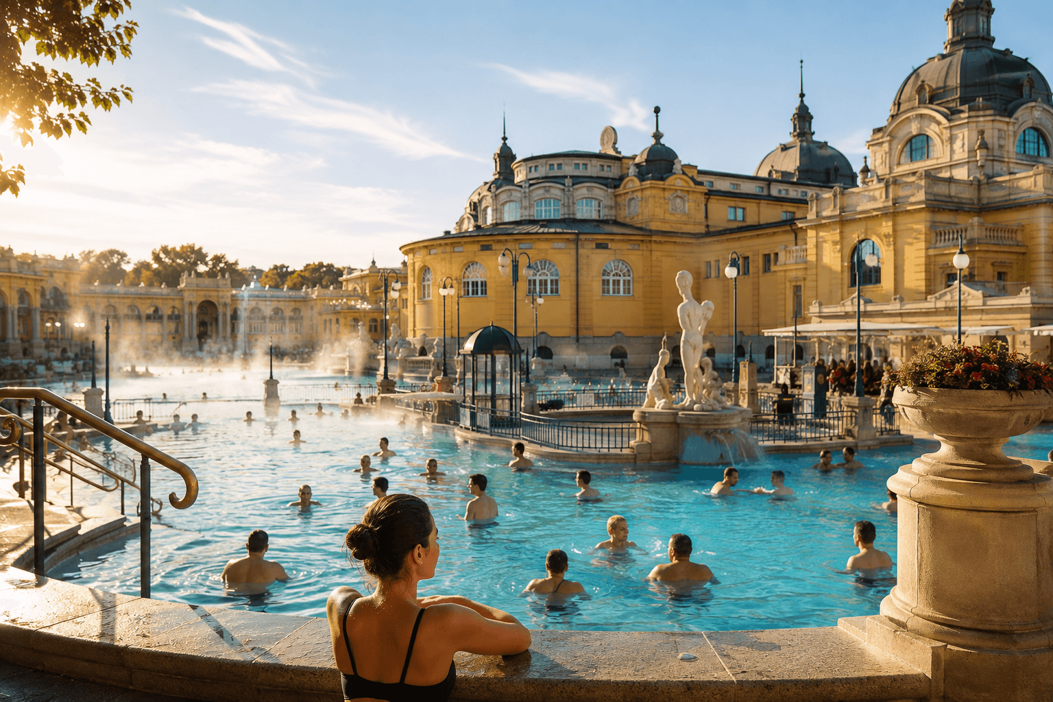 Széchenyi Thermal Bath in Budapest with visitors relaxing in the outdoor thermal pools surrounded by the historic yellow spa building.