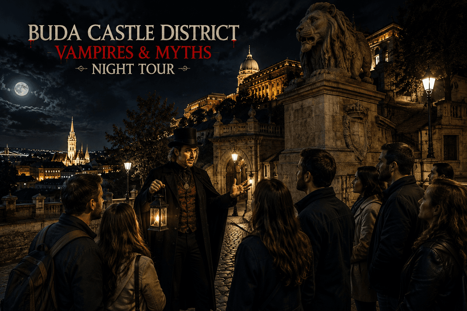 Buda Castle District vampires and myths night tour in Budapest with a storyteller guiding visitors through the historic castle area at night.
